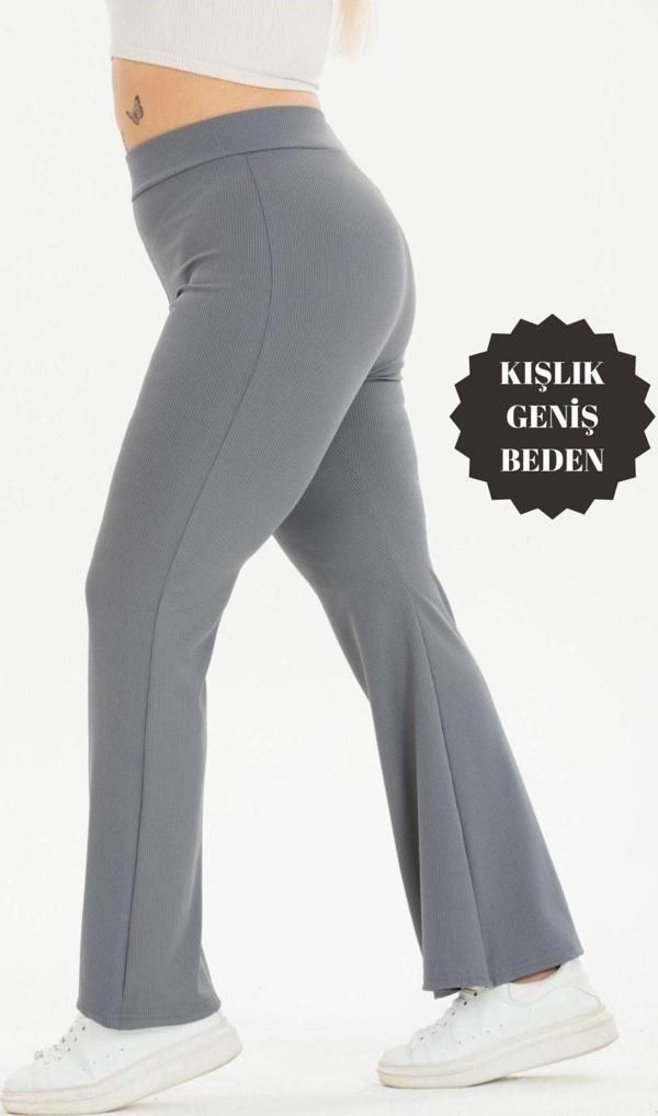 Banega Curve Büyük Beden Fitilli İspanyol Paça Şardonlu Polarlı Yüksek Bel Toparlayıcı Antrasit Tayt - Image 1