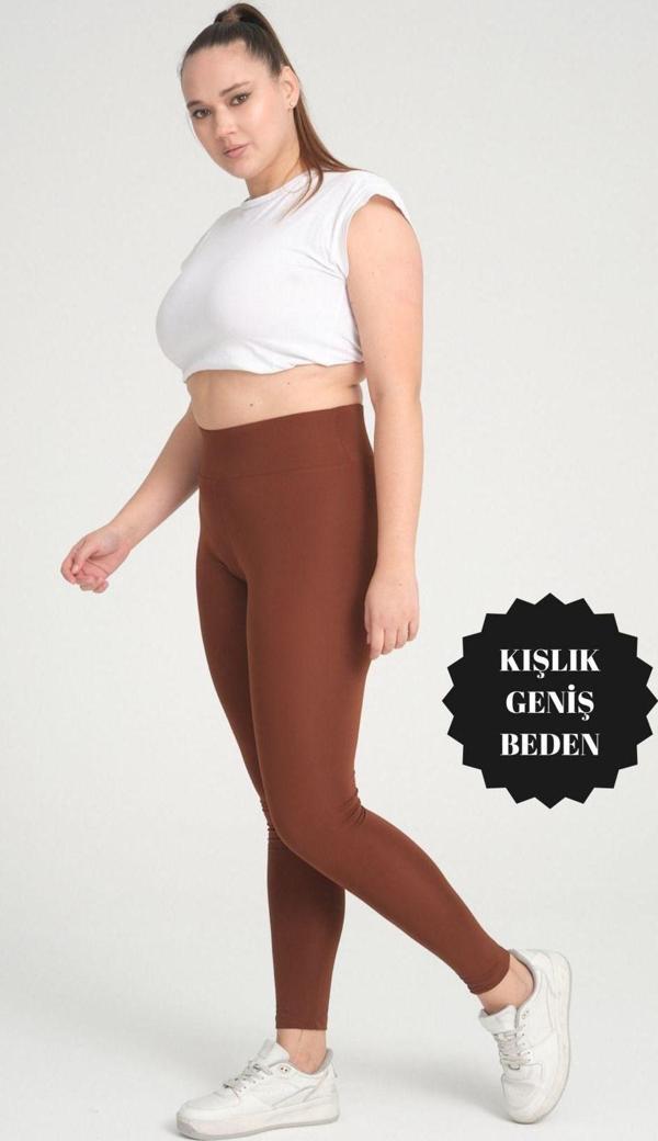 Banega Curve Büyük Beden Örme Şardonlu Polarlı Kışlık Kahverengi Tayt - Image 1