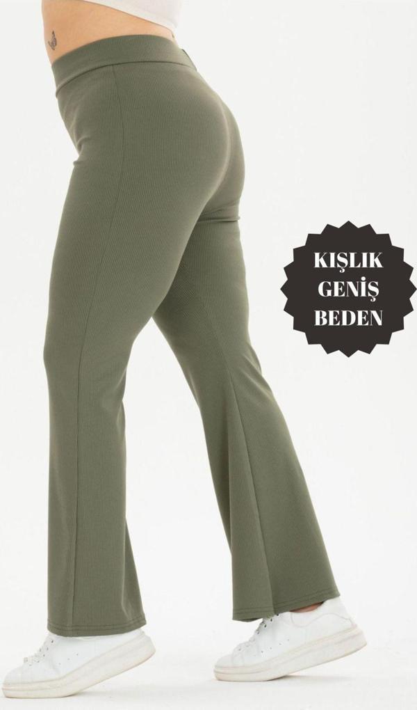 Banega Curve Büyük Beden Fitilli İspanyol Paça Şardonlu Polarlı Yüksek Bel Toparlayıcı Haki Tayt - Image 1