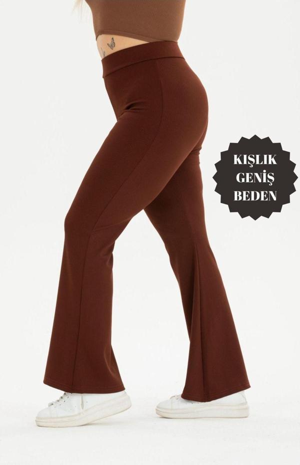 Banega Curve Büyük Beden Fitilli İspanyol Paça Şardonlu Polarlı Yüksek Bel Toparlayıcı Kahverengi Tayt - Image 1