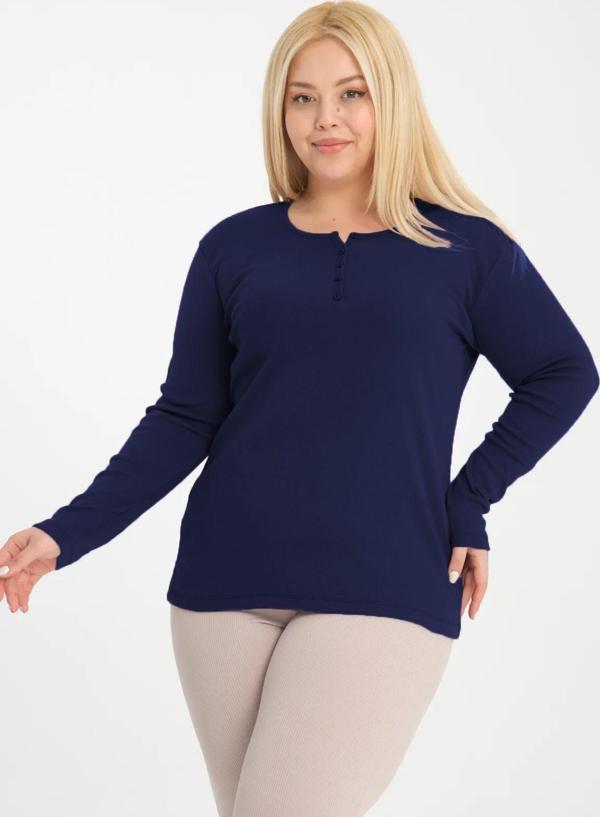Banega Curve Büyük Beden Pamuklu Likralı Bisiklet Yaka Düğme Detaylı Basic Düz Lacivert Bluz - Image 1