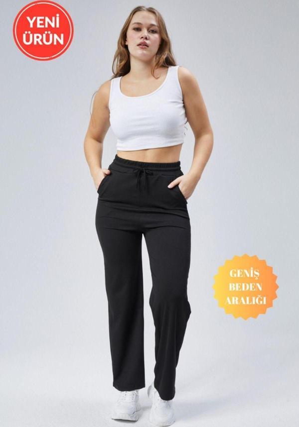 Banega Curve Kadın Siyah Çift Cepli Beli Lastikli Boru Paça Fitilli Tayt Eşofman Altı - Image 1