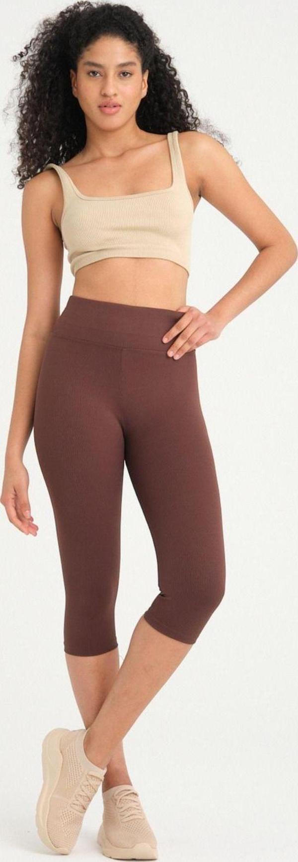 Banega Kadın Kahverengi Fitilli Yüksek Bel Toparlayıcı Diz Altı Kapri Tayt Capri - Image 1
