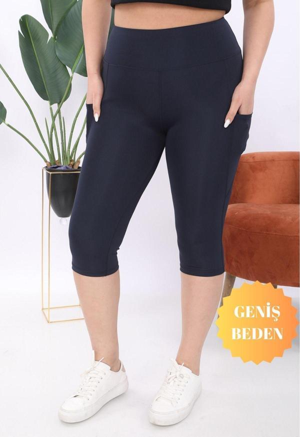 Banega Curve Kadın Büyük Beden Lacivert Yüksek Bel Toparlayıcı Çift Cepli Diz Altı Kapri Tayt Capri - Image 1