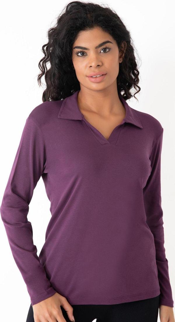 Banega Curve Büyük Beden Pamuklu Likralı V Yaka Basic Düz Uzun Kol Mor Bluz - Image 1