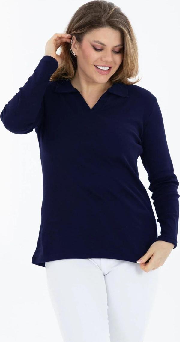 Banega Curve Büyük Beden Pamuklu Likralı V Yaka Basic Düz Uzun Kol Lacivert Bluz - Image 1