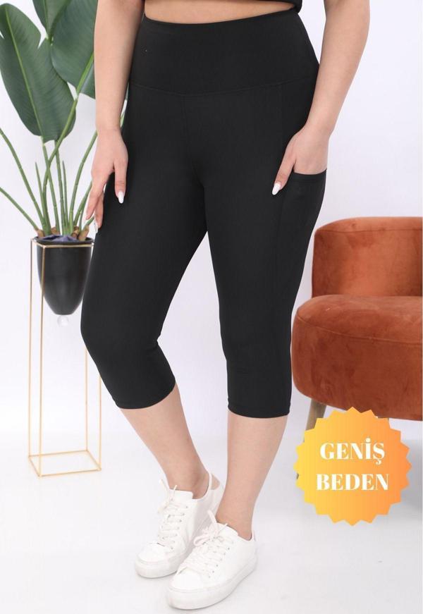 Banega Curve Kadın Büyük Beden Siyah Yüksek Bel Toparlayıcı Çift Cepli Diz Altı Kapri Tayt Capri - Image 1