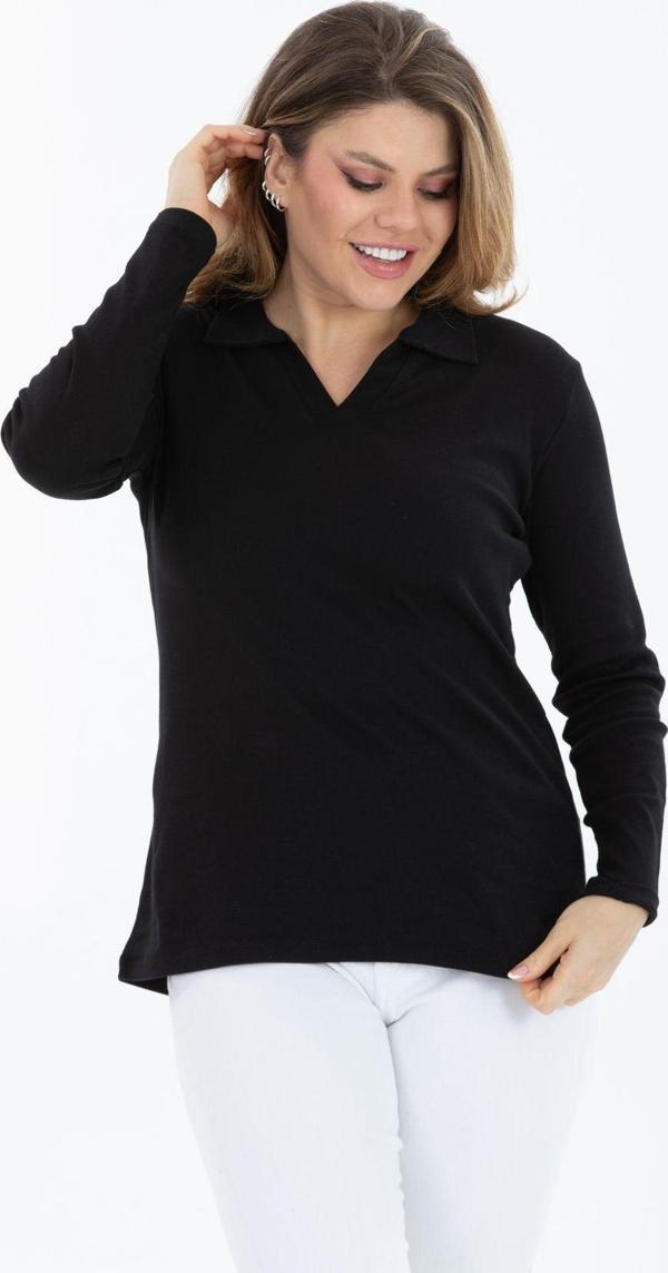 Banega Curve Büyük Beden Pamuklu Likralı V Yaka Basic Düz Uzun Kol Siyah Bluz - Image 1