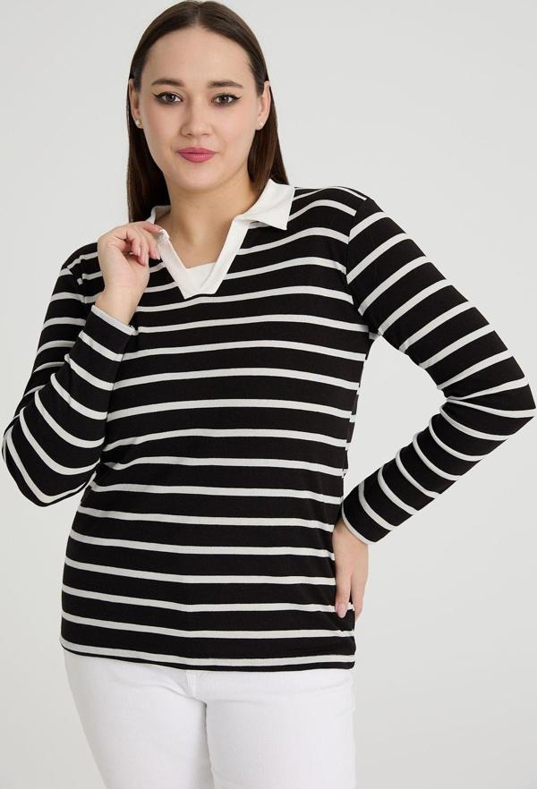 Banega Büyük Beden Pamuklu Likralı V Yaka Basic Siyah Beyaz Bluz - Image 1