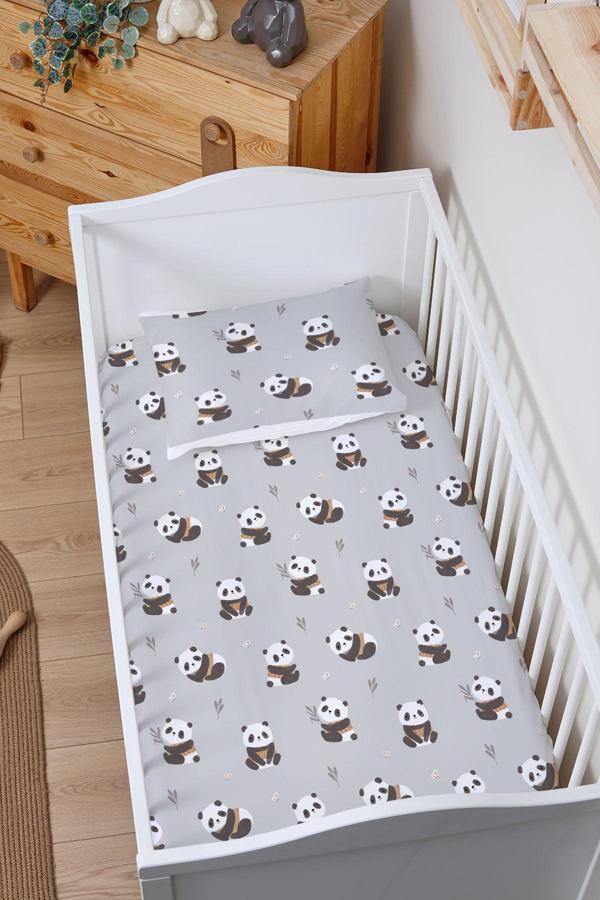 Organik Bebek Boy Lastikli Çarşaf Seti - Sevimli Bambu Dostu Panda - Image 1