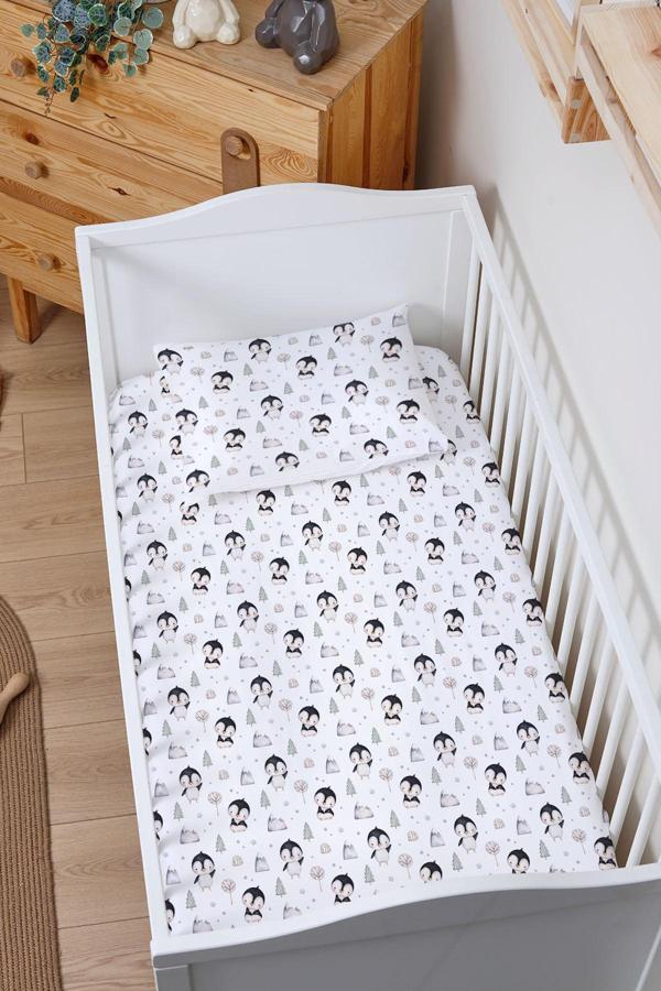Organik Bebek Boy Lastikli Çarşaf Seti - Kutup Dostları Penguenler - Image 1