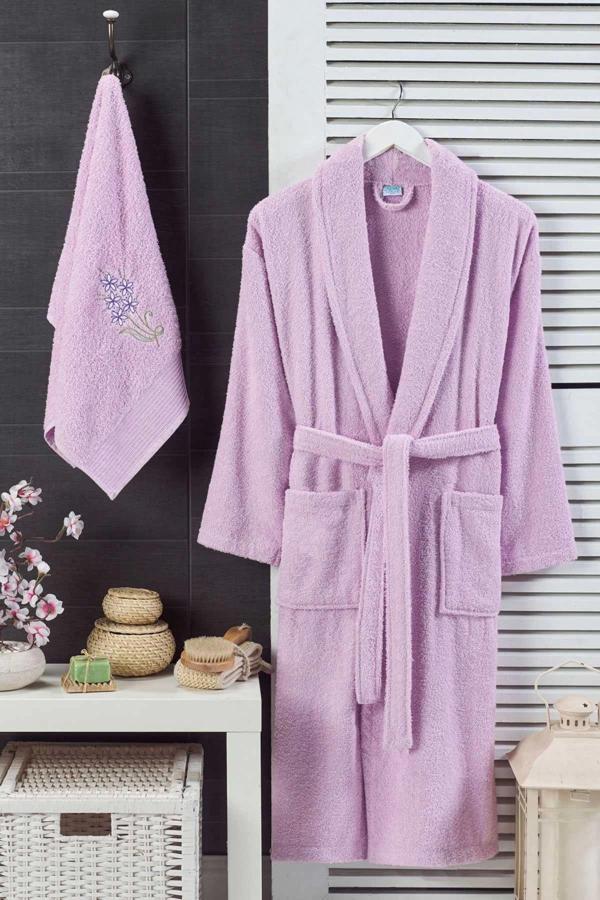 Kadın Havlulu Banyo Bornoz Takımı %100 Pamuklu Lila - Image 1
