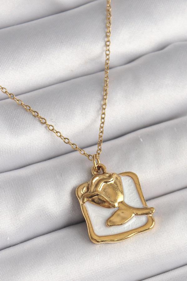 316L Çelik Gold Renk Zincir Beyaz Mineli Gül Portre Model Kadın Kolye - Image 1
