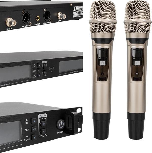2 EL TİPİ MİKROFONLU 100+100 KANAL ANTENLİ UHF-PLL KABLOSUZ TELSİZ MİKROFON-Findit - Image 1