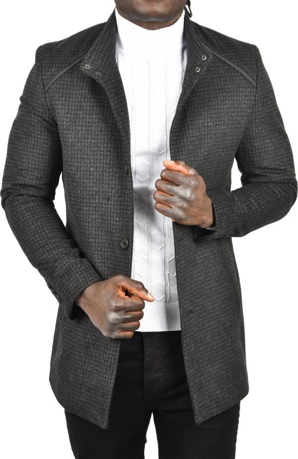 DeepSEA Erkek Siyah Pötikare Desenli Dik Yaka Dar Kesim Hakim Yaka Kaşe Kaban 2407003 - Image 1