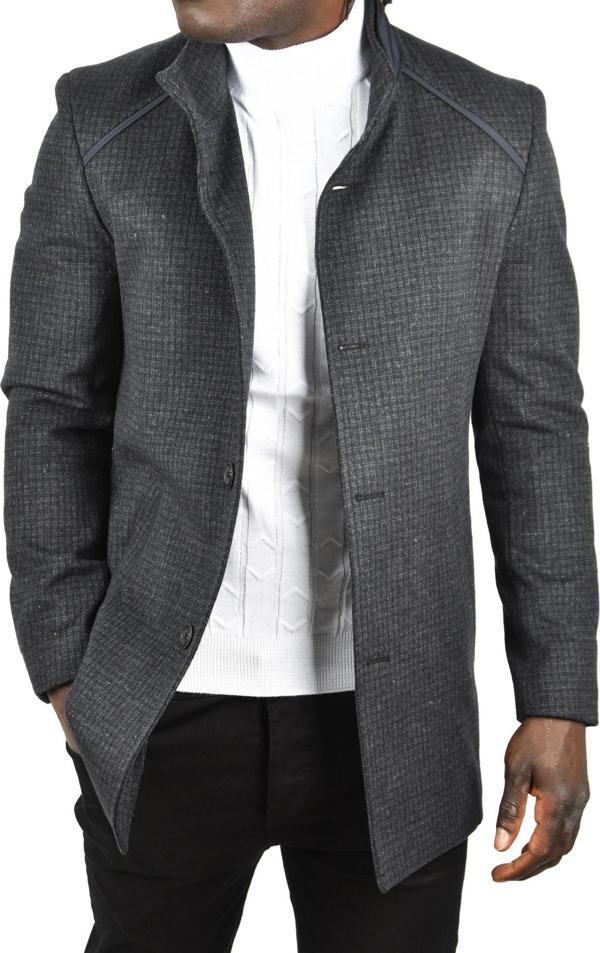 DeepSEA Erkek Koyu Lacivert Pötikare Desenli Dik Yaka Dar Kesim Hakim Yaka Kaşe Kaban 2407003 - Image 1