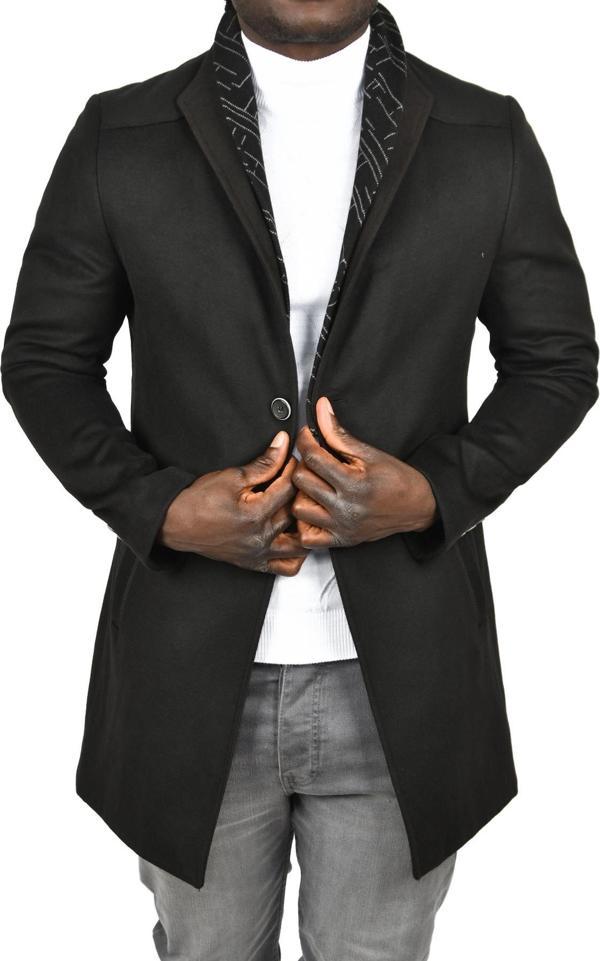 DeepSEA Erkek Siyah Şal Yaka Yakası Çıkabilen İtalyan Kesim Dik Yaka Kaşe Kaban 2407005 - Image 1