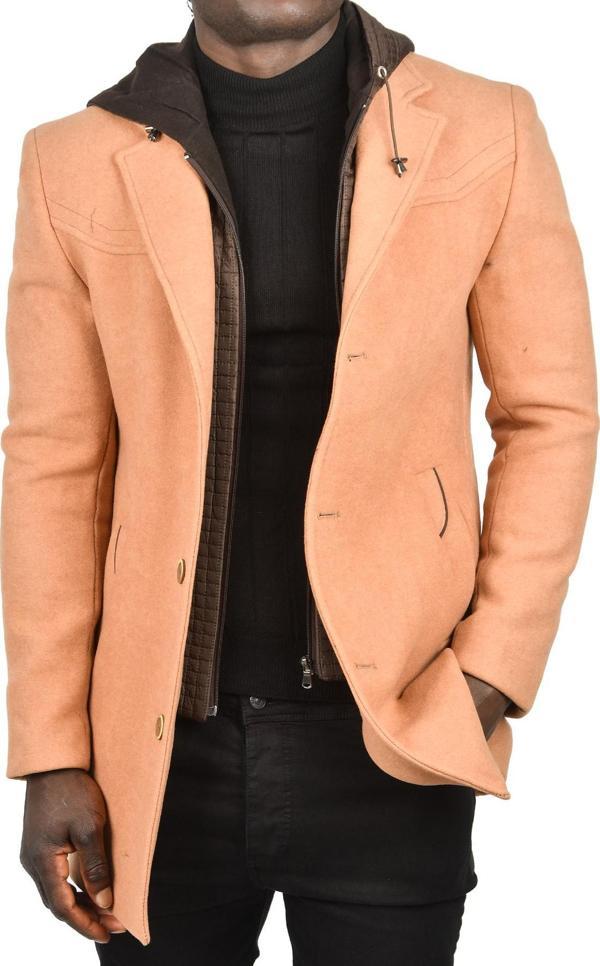 DeepSEA Erkek Camel Çıkarılabilir Kapüşonlu Dar Kesim Uzun Kaşe Kaban 2407010 - Image 1