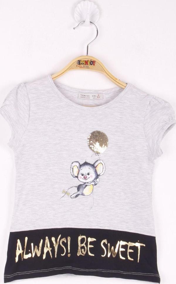 Toontoy Kız Çocuk Pul İşlemeli Baskılı T-Shirt - Image 1
