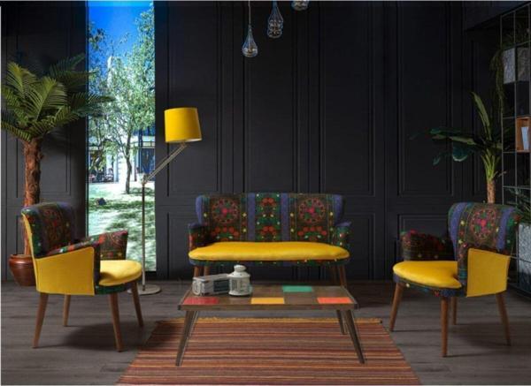 Mobilya Bazarı Etnik Desen Sarı 2 1 1 Sehpalı Çay Seti (Balkon - Salon - Ofis - Cafe) - Image 1