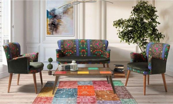 Mobilya Bazarı Etnik Desen Yeşil 2 1 1 Sehpalı Çay Seti (Balkon - Salon - Ofis - Cafe) - Image 1