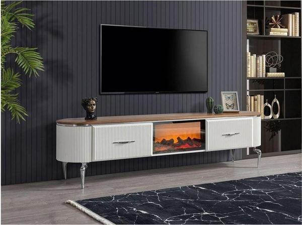 Mobilya Bazarı Zümrüt Şömineli Tv Sehpası (Krem-Ceviz) - Image 1