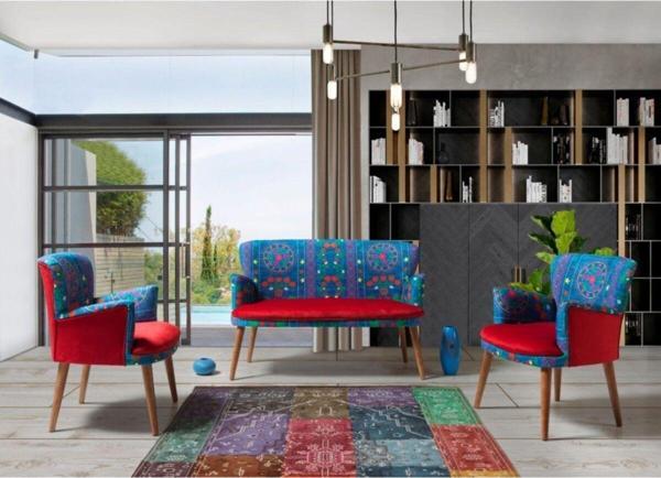 Vistaso Concept Etnik Desen Çay Seti Koltuk Takımı - Salon - Balkon - 2+1+1 (Kırmızı) - Image 1