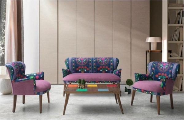 Vistaso Concept Etnik Desen Çay Seti Koltuk Takımı - Salon - Balkon - 2+1+1 (Mor) - Image 1