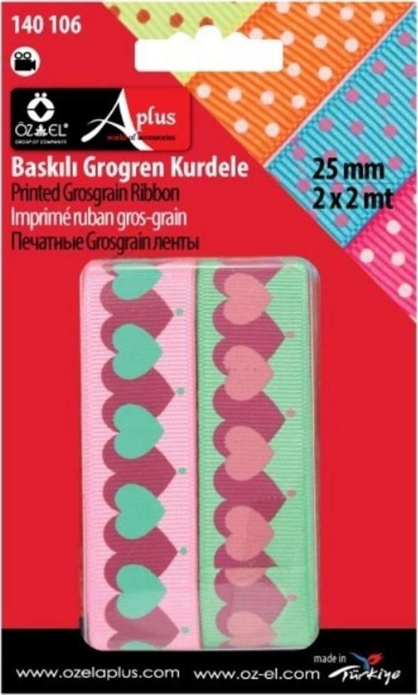Öz-El Pembe Ve Yeşil 2'Li Kalp Baskılı Grogren Kurdele, Paketlik Kurdele, 2,5 Cm 2 2 Mt 140 106 - Image 1