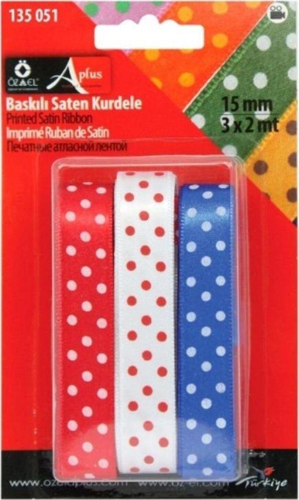 Öz-El Puantiye Baskılı Mavi, Beyaz, Kırmızı Saten Kurdele 1,5 Cm X 2 Mt 135 051 - Image 1
