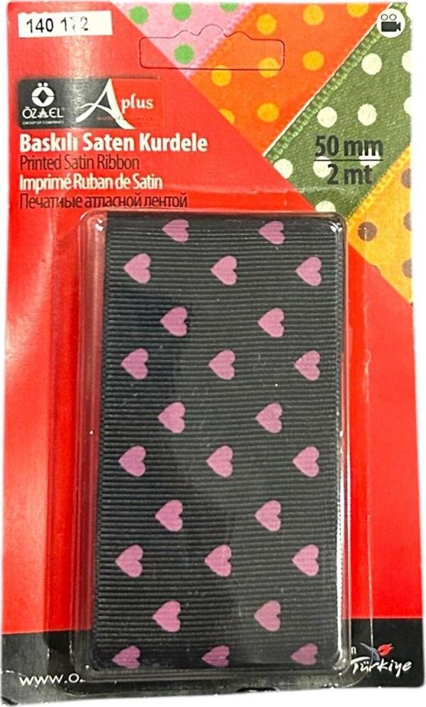 Öz-El Siyah Kalp Baskılı Grogren Kurdele 5 Cm 2 Mt 140 172 - Image 1