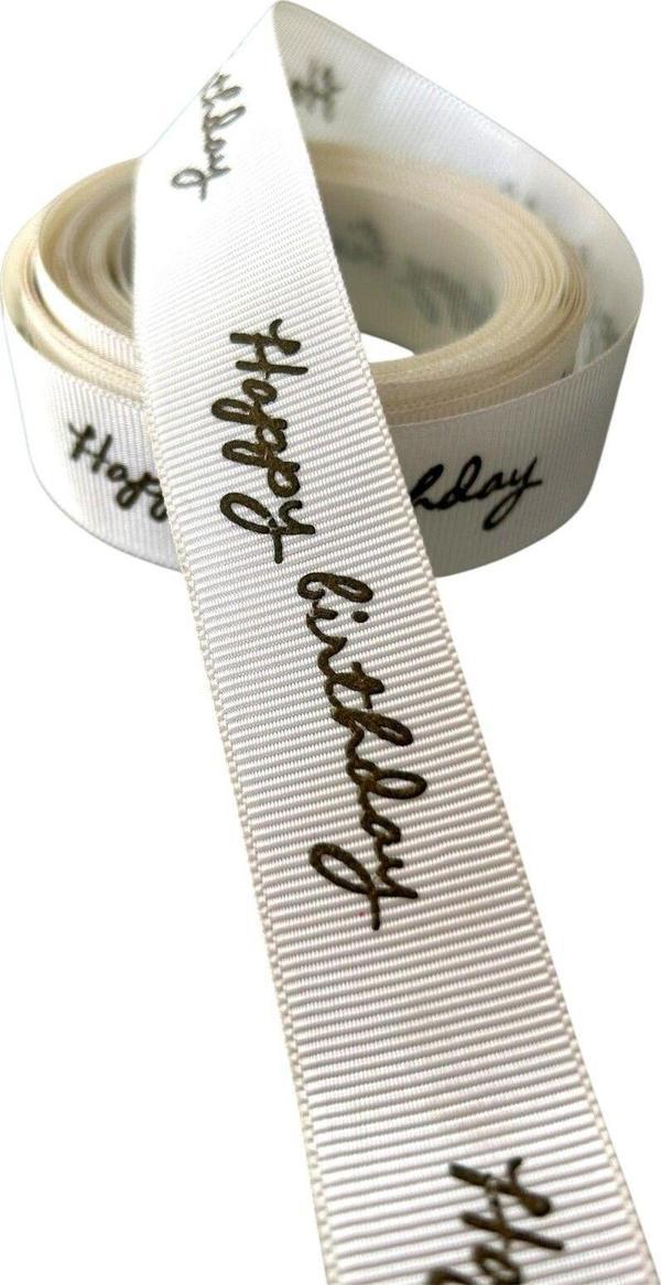 Öz-El Happy Birthday Kahverengi Baskılı Kırık Beyaz Grogren Kurdele 1 Mt 2,5 Cm - Image 1