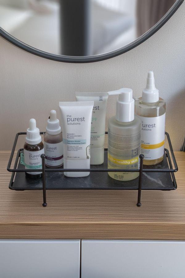 Metaltan Home Siyah Banyo Kozmetik Takı Düzenleyici Mermer Desenli Tablalı Çok Amaçlı Dikdörtgen Organizer - Image 1