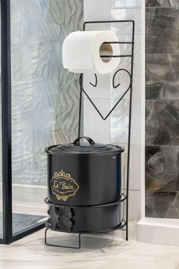 Metaltan Home Siyah Tuvalet Kağıdı Standı Metal Çöp Kovalı Tuvalet Kağıtlığı Ferforje Tuvalet Kağıdı Tutacağı - Image 1