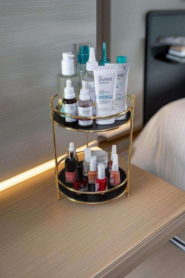 Metaltan Home Gold Banyo Kozmetik Takı Düzenleyici Siyah Mermer Ahşap Tablalı Çok Amaçlı 2 Katlı Organizer - Image 1