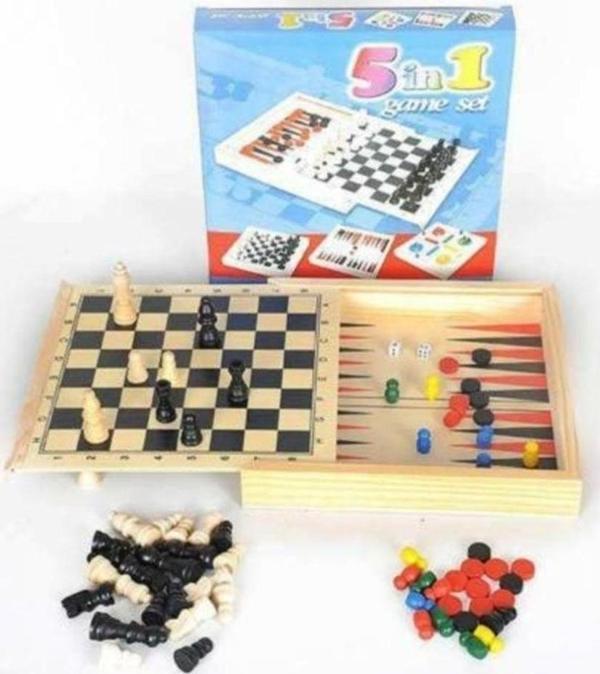 Arfseb Ahşap Tavla, Santranç, Dama, Kızma Birader, 9 Taş Oyunu (5 In 1) - Image 1