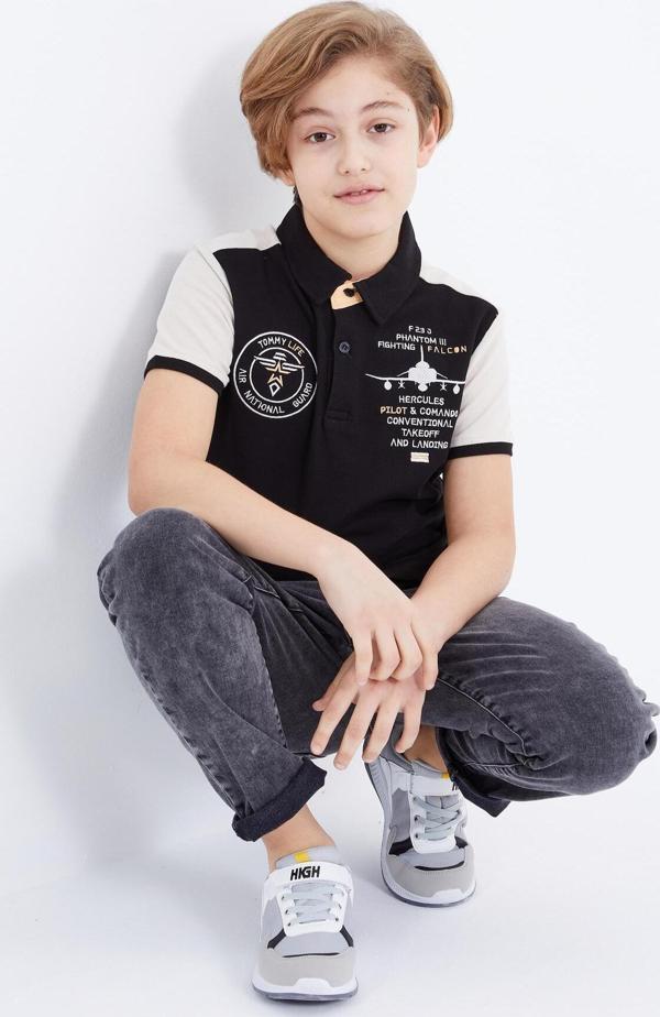 Siyah Nakış Detaylı Kısa Kollu Polo Yaka Erkek Çocuk T-Shirt  - 10906 - Image 1