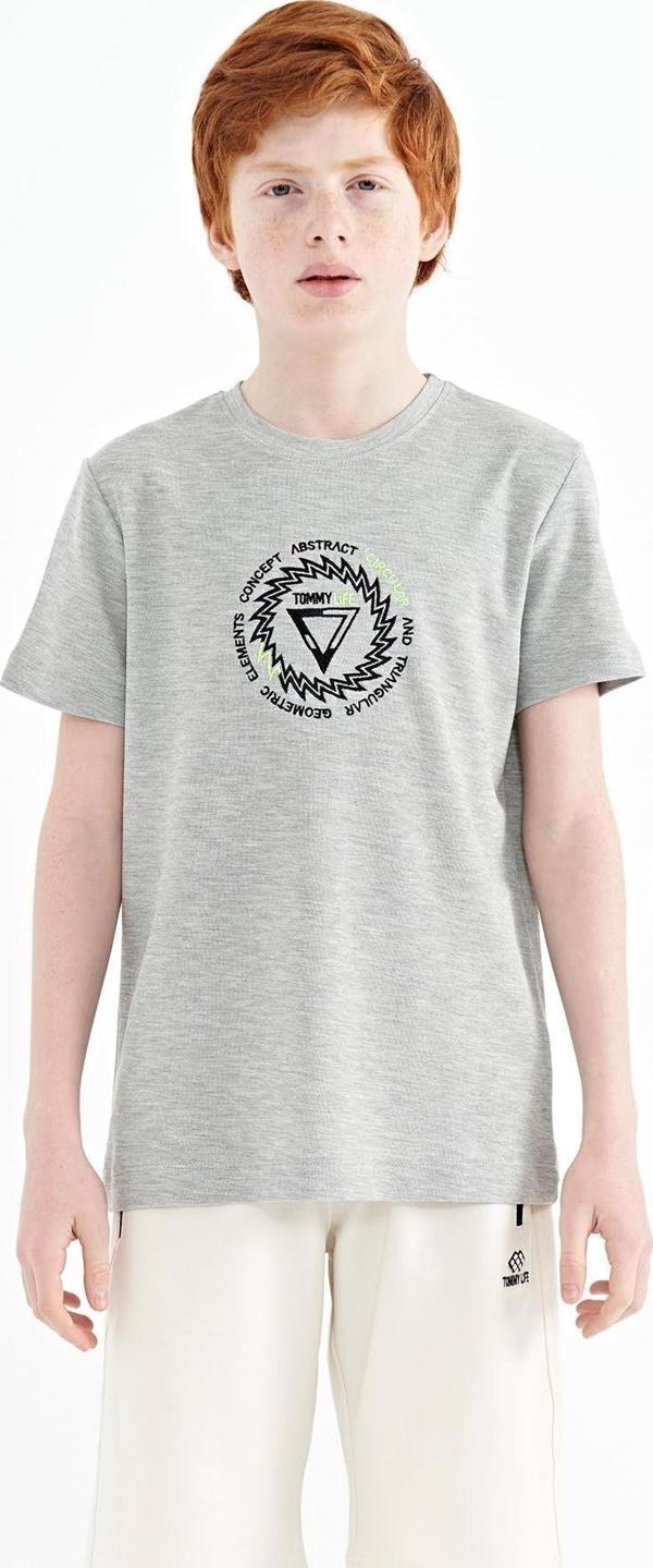 Gri Melanj Nakış İşleme Detaylı O Yaka Standart Kalıp Erkek Çocuk T-Shirt - 11115 - Image 1