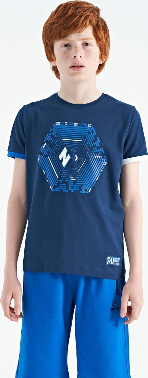 İndigo Kol Ucu Renkli Detaylı Baskılı Standart Kalıp Erkek Çocuk T-Shirt - 11156 - Image 1