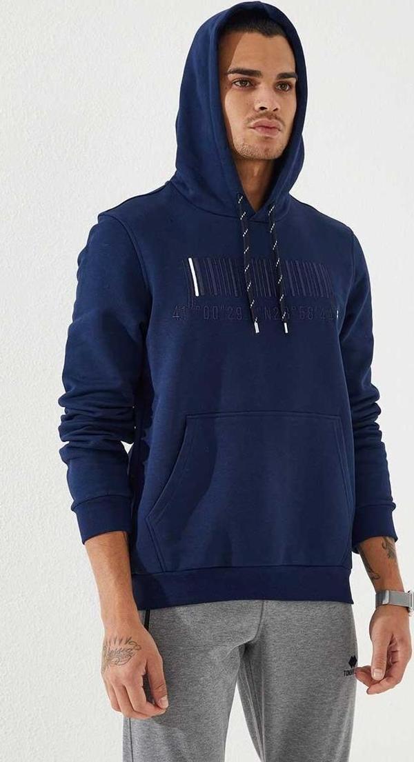 İndigo Nakışlı Kanguru Cep Standart Kalıp Kapüşonlu Erkek Sweatshirt - 87839 - Image 1