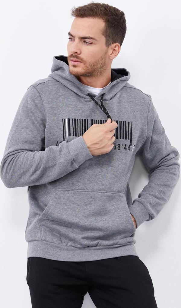 Gri Melanj Nakışlı Kanguru Cep Standart Kalıp Kapüşonlu Erkek Sweatshirt - 87839 - Image 1