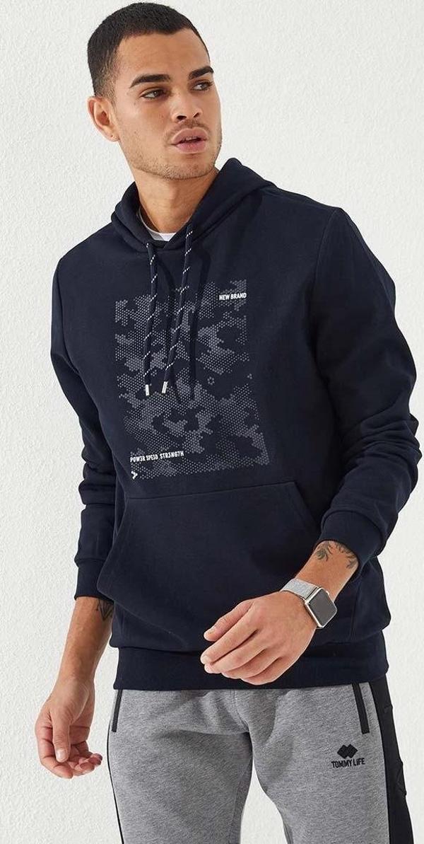 Lacivert Kamuflaj Desen Baskılı Standart Kalıp Kapüşonlu Erkek Sweatshirt - 87884 - Image 1