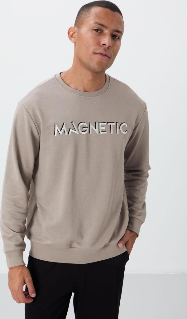 Camel Yazı Nakışlı O Yaka Rahat Form İçi Polarlı Erkek Sweatshirt - 88020 - Image 1