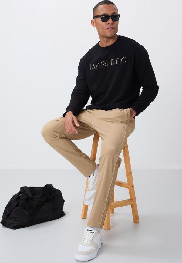 Siyah Yazı Nakışlı O Yaka Rahat Form İçi Polarlı Erkek Sweatshirt - 88020 - Image 1