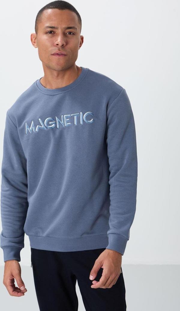 Petrol Yazı Nakışlı O Yaka Rahat Form İçi Polarlı Erkek Sweatshirt - 88020 - Image 1