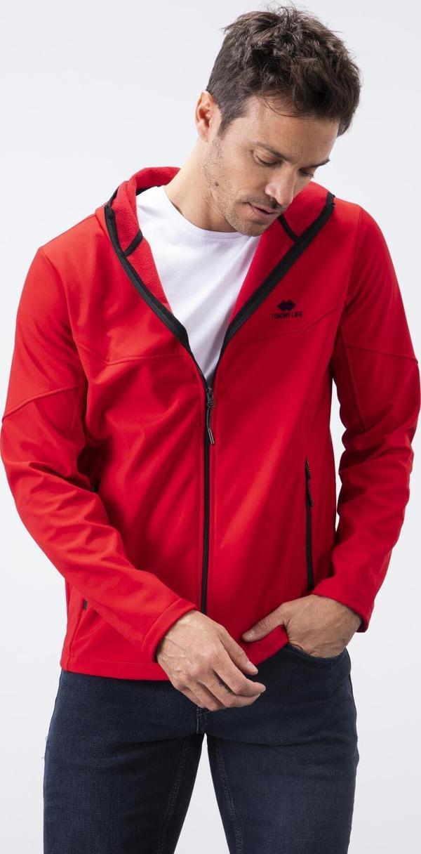 Kırmızı Fermuarlı Kapüşonlu Su ve Rüzgar Geçirmez Softshell Erkek Mont - 88051 - Image 1