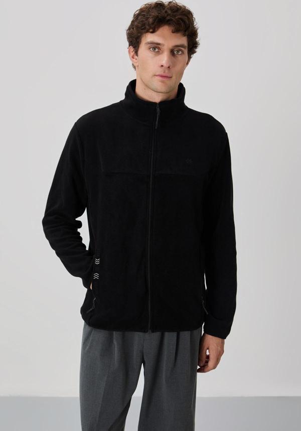 Siyah Yazı Nakışlı Dik Yaka Fermuarlı Standart Kalıp Erkek Sweatshirt Polar - 87992 - Image 1