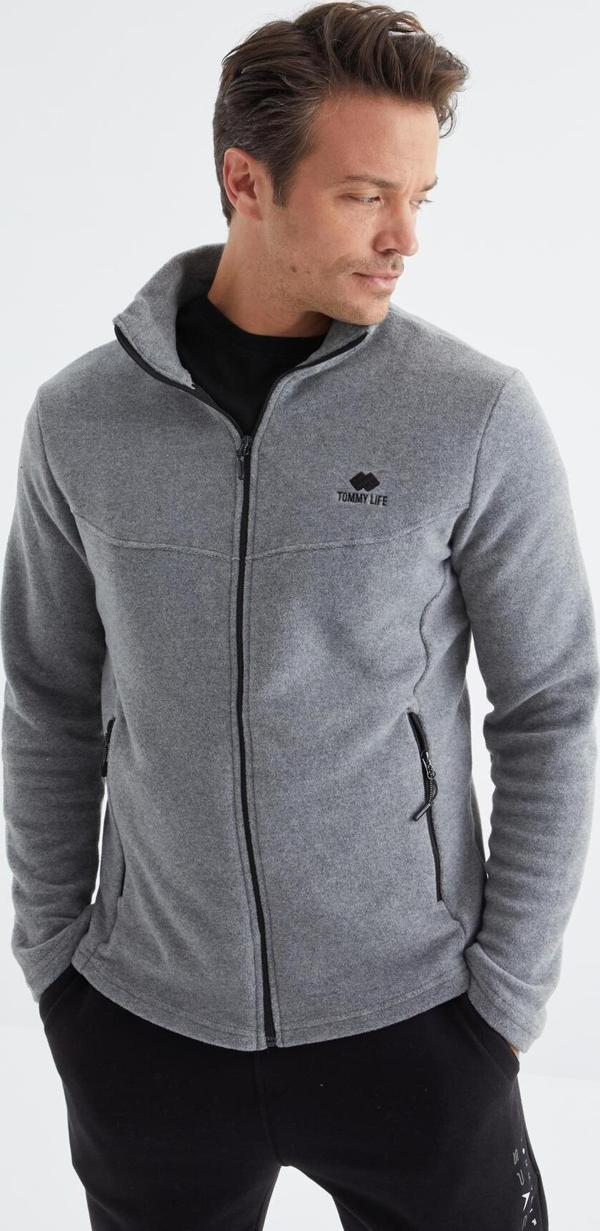 Gri Melanj Fermuarlı Dik Yaka Standart Kalıp Erkek Polar Sweatshirt - 88134 - Image 1