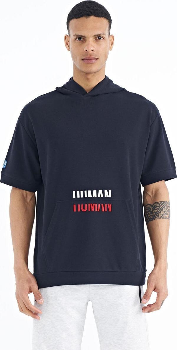 Lacivert Kanguru Cepli Yazı Nakışlı Kapüşonlu Erkek T-Shirt - 88195 - Image 1