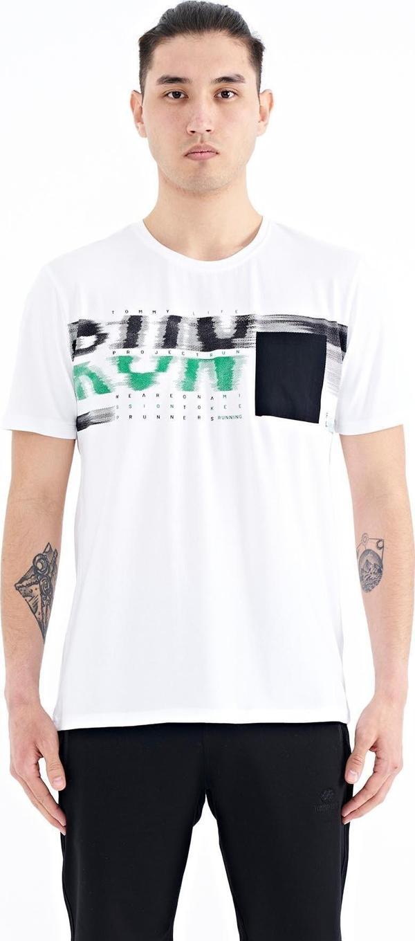 Beyaz Ön Cep Detaylı Baskılı Standart Kalıp Erkek T-shirt - 88200 - Image 1